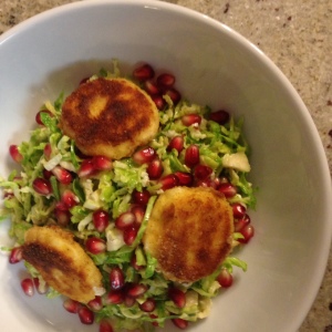 Shredded Brussels Sprouts Salad with Pomegranate and Fried Goat Cheese