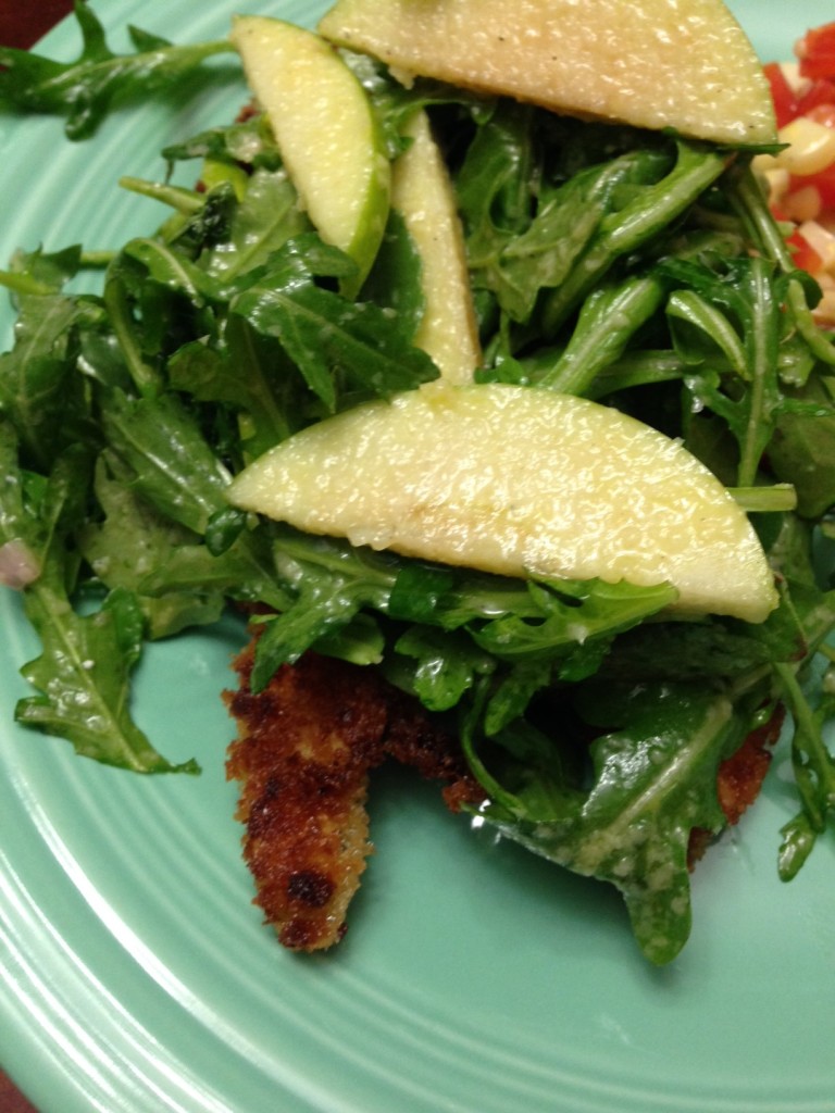 chicken milanese with green apple salad.