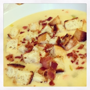 Cheddar Ale Soup with Bacon and Garlic Croutons