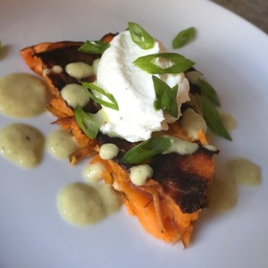 Sweet Potato Tart with Fire-Roasted Green Chile Sauce and Whipped Ricotta